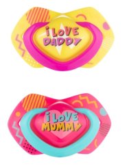 Canpol Babies 2 ks symetrických silikonových dudlíků, +18m, Neon Love Baby, růžovo, žluté