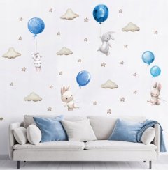 Nálepky, dekorace na zeď Tulimi - Zajíc s balónky XXL, modrá