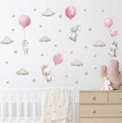 Nálepky, dekorace na zeď Tulimi - Zajíc s balónky XXL, růžová